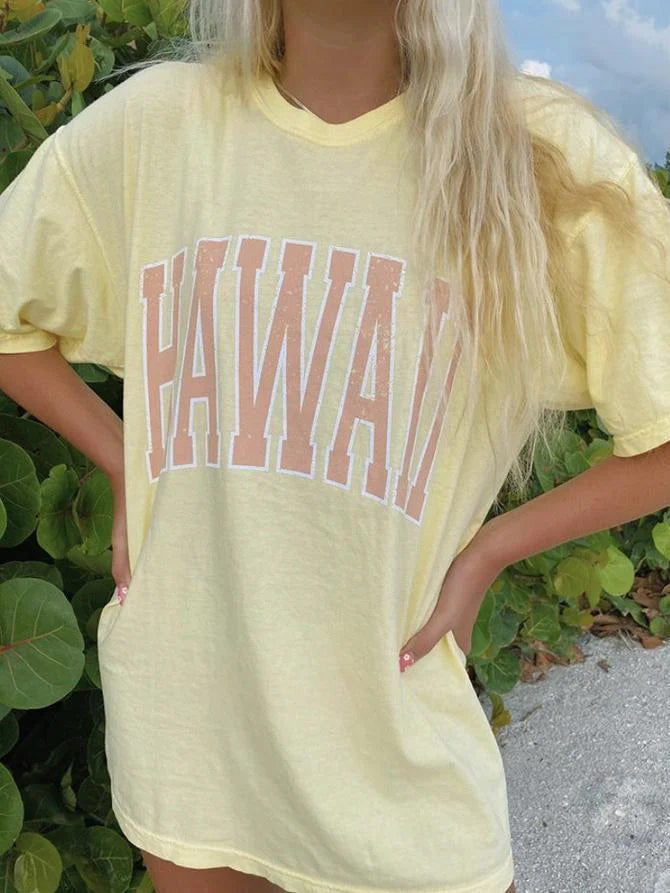 Preppy Yellow Hawaii Round Neck T-Shirt