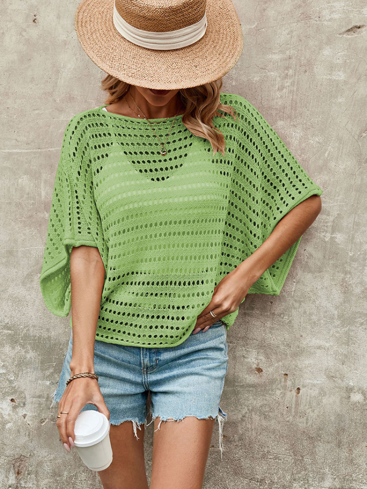 Solid Round Neck Eyelet Knit Cutout Sweater