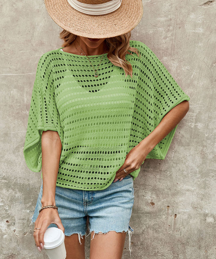 Solid Round Neck Eyelet Knit Cutout Sweater