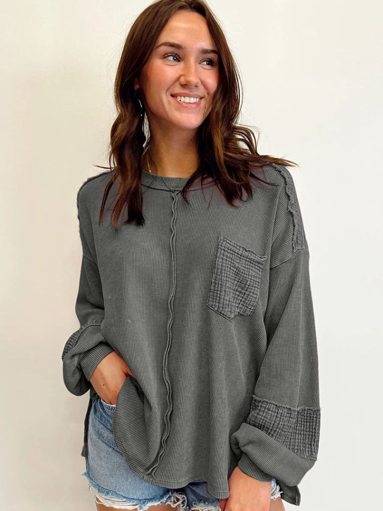 Women's Casual Waffle Patchwork Crewneck Sweatshirt
