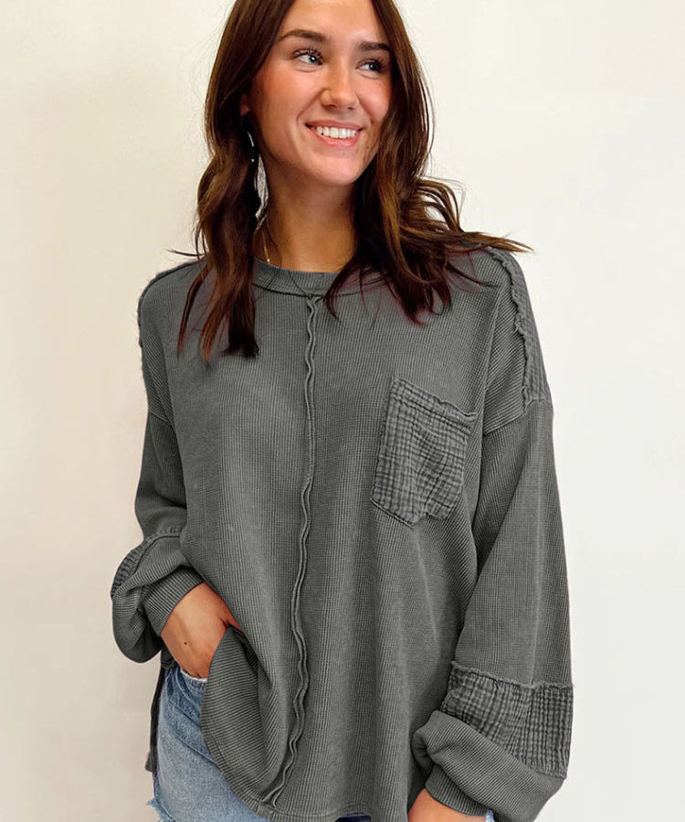 Women's Casual Waffle Patchwork Crewneck Sweatshirt