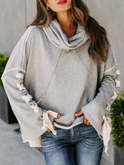 Exposed Seam Loose Neck Hooded Lace Up Bell Sleeve Pullover
