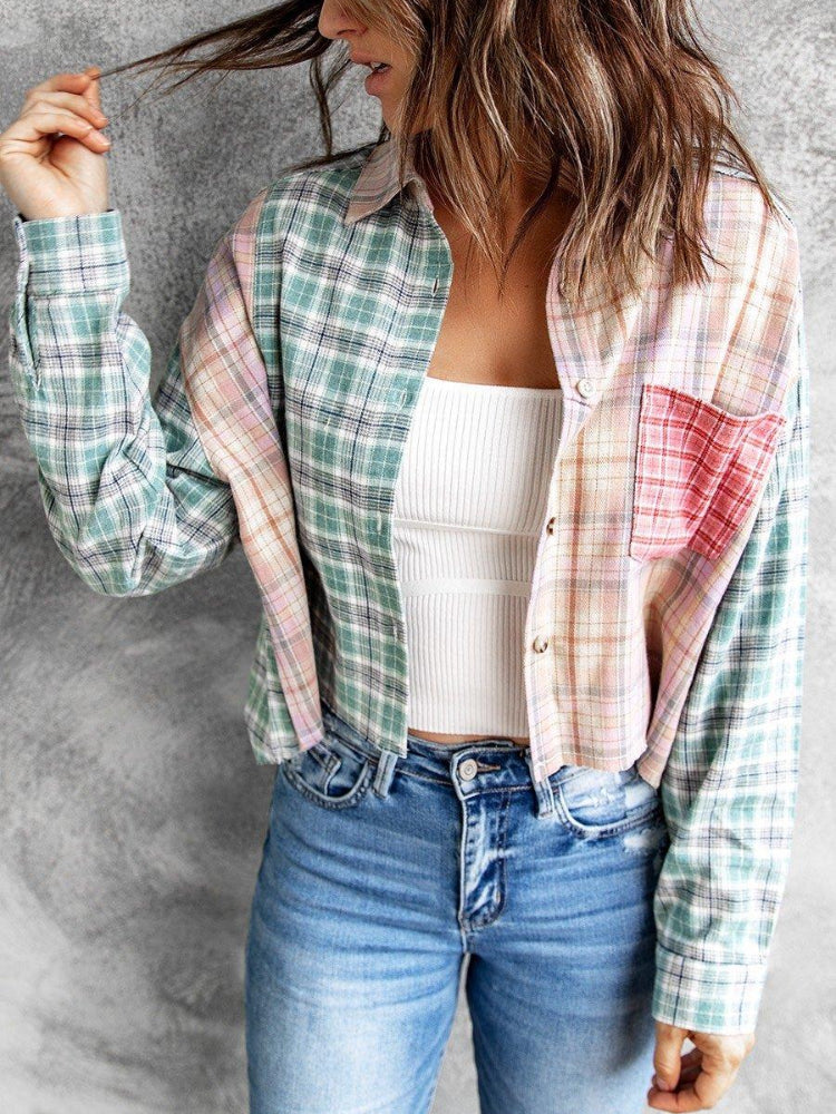 Multicolor Plaid Patchwork High Low Cropped Shirt