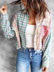 Multicolor Plaid Patchwork High Low Cropped Shirt