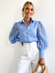 Check Textured Organza Collar Puff Sleeve Shirt