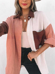 Chic Color Block Button Up Collared Neck Shirt