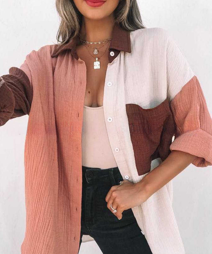 Chic Color Block Button Up Collared Neck Shirt