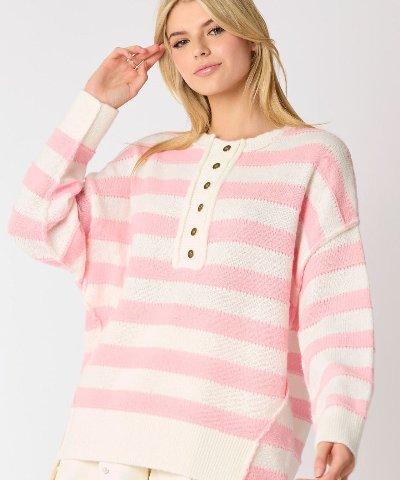 Women's Retro Half-Button Up Striped Knit Baggy Sweater