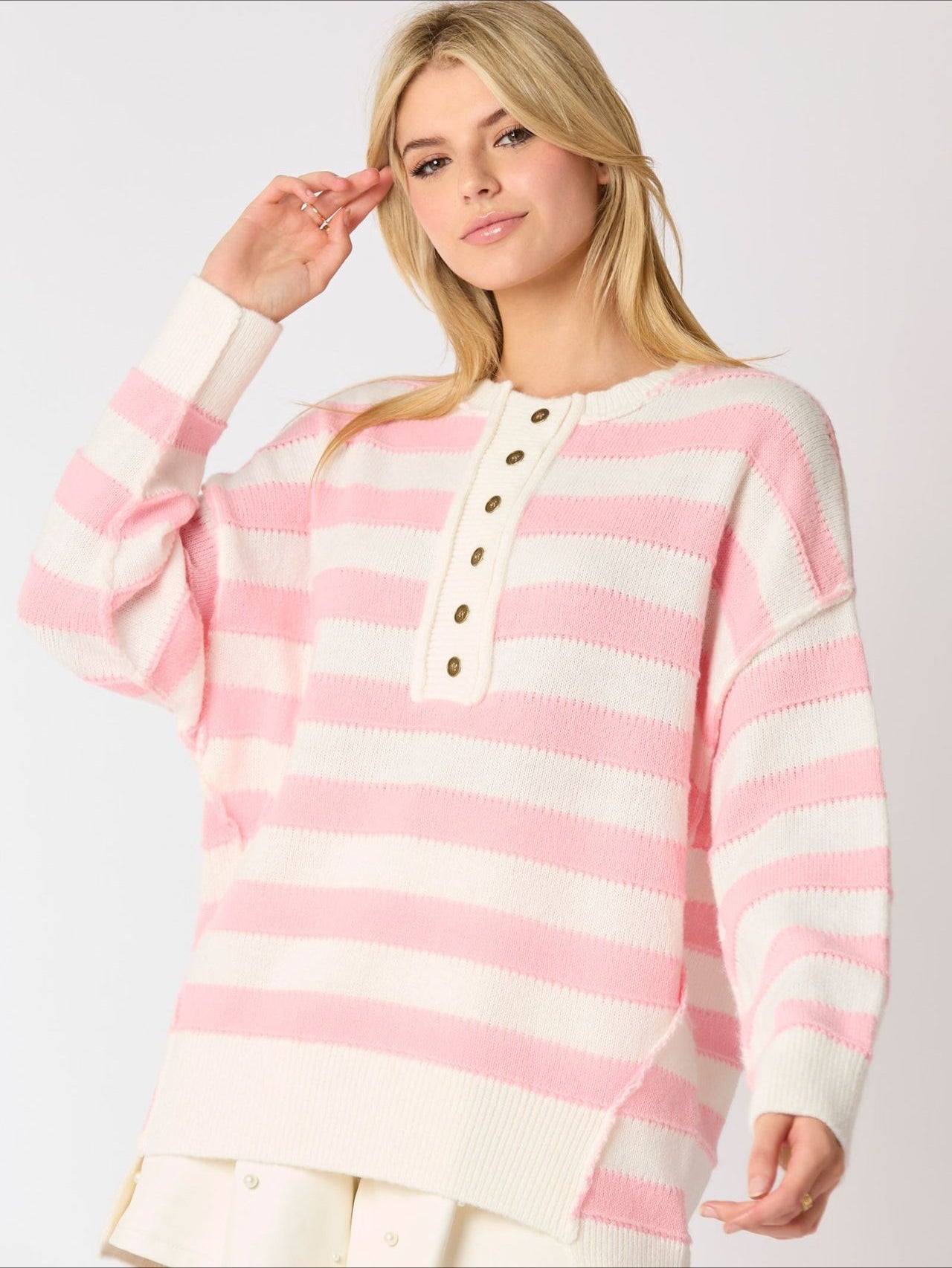 Women's Retro Half-Button Up Striped Knit Baggy Sweater