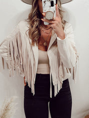 Women's Leather Sueded Elegant Collared Tassel Jacket