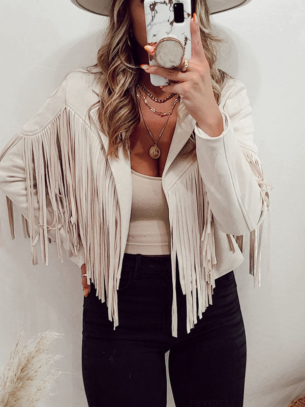 Women's Leather Sueded Elegant Collared Tassel Jacket