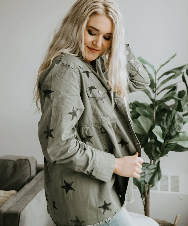 Women's Chic Star Printed Fringed Denim Jacket