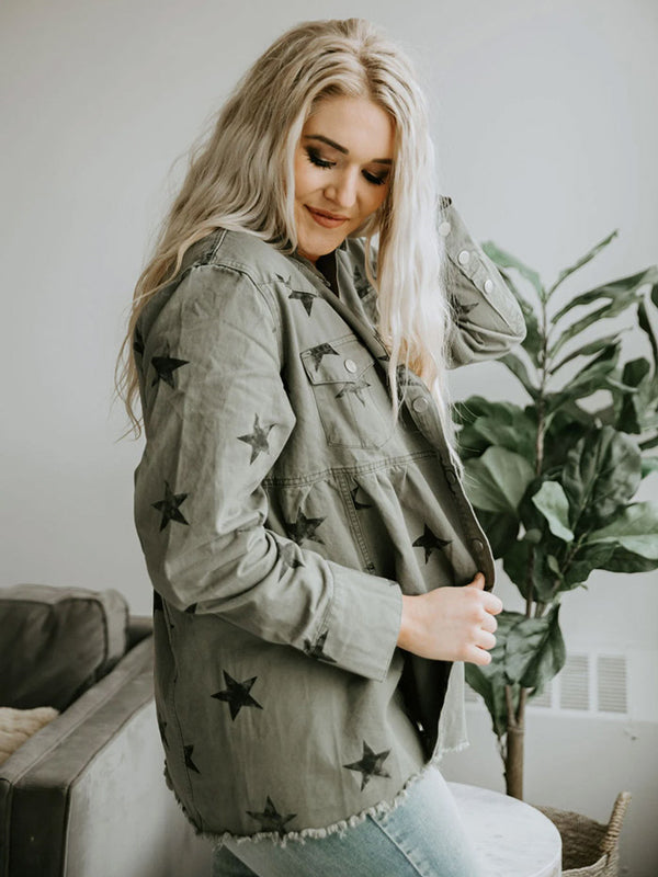 Women's Chic Star Printed Fringed Denim Jacket