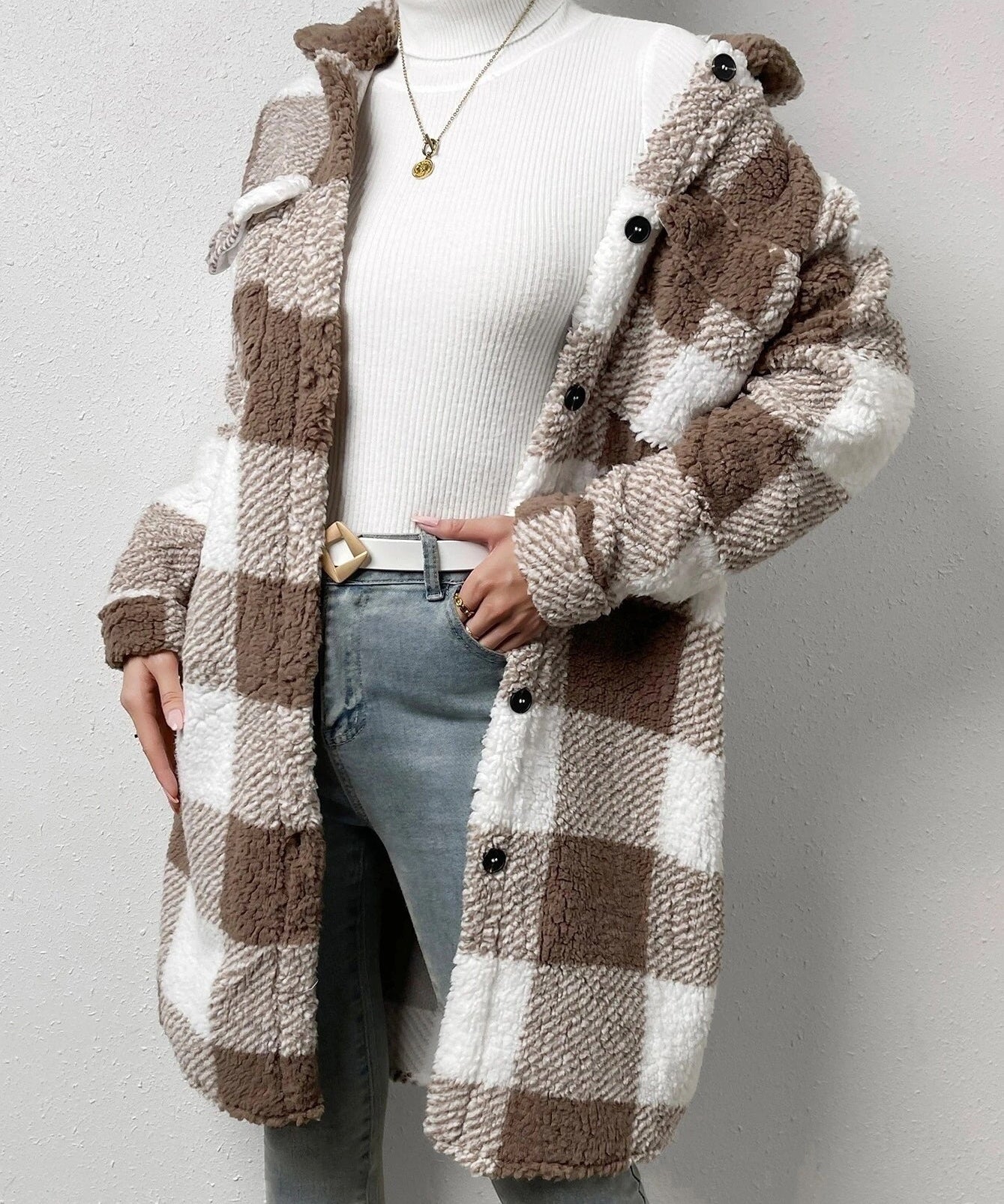 Women's Casual Lapel Plaid Outwear Warm Jacket