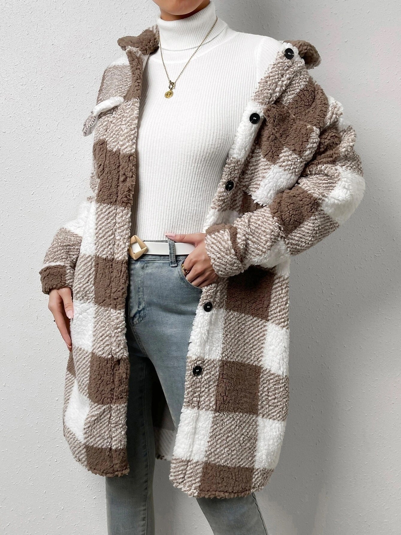 Women's Casual Lapel Plaid Outwear Warm Jacket