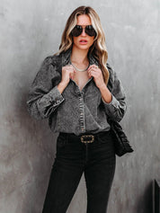Distressed Puff Sleeve Button-Up Denim Jacket