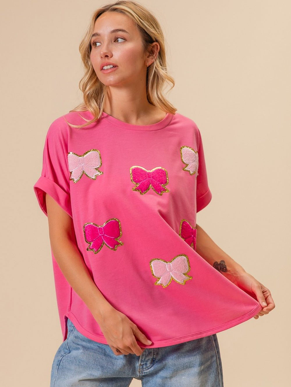 Women's Pinky Bow Mania French Terry Patched Short Sleeve Top