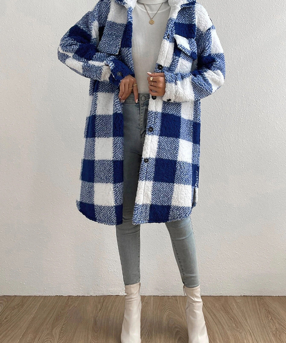 Women's Casual Lapel Plaid Outwear Warm Jacket