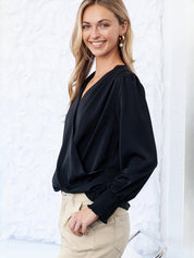 Solid Surplice Neck Shirred Cuffs Draped Blouse
