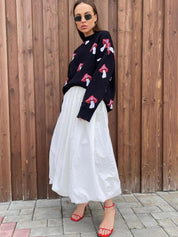 Women's Mushroom Jacquard Pattern Round Neck Sweater