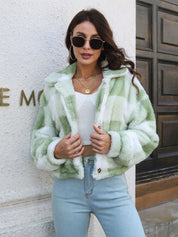 Women's Plaid Fuzzy Button Down Cropped Jacket