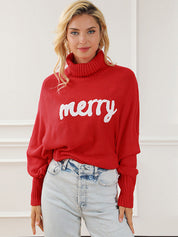 Women's Xmas Choice Merry Printed Turtleneck Knitted Sweater
