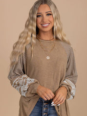 Light French Beige Floral Striped Patchwork Sweatshirt