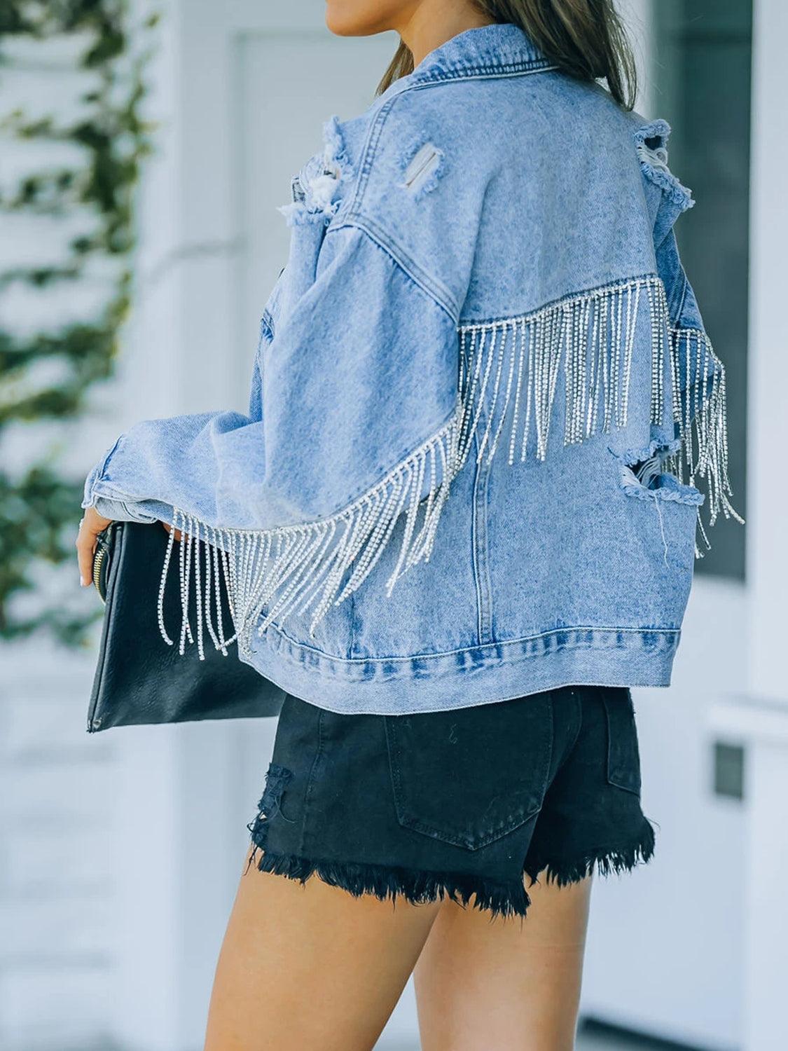 Distressed Hole Fringe Buttoned Denim Jacket