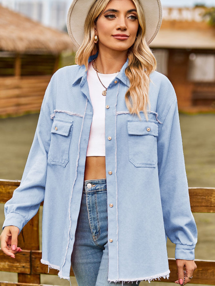 Women's Vintage Raw Hem Button-Up Denim Shacket