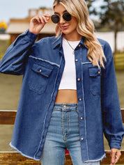 Women's Vintage Raw Hem Button-Up Denim Shacket