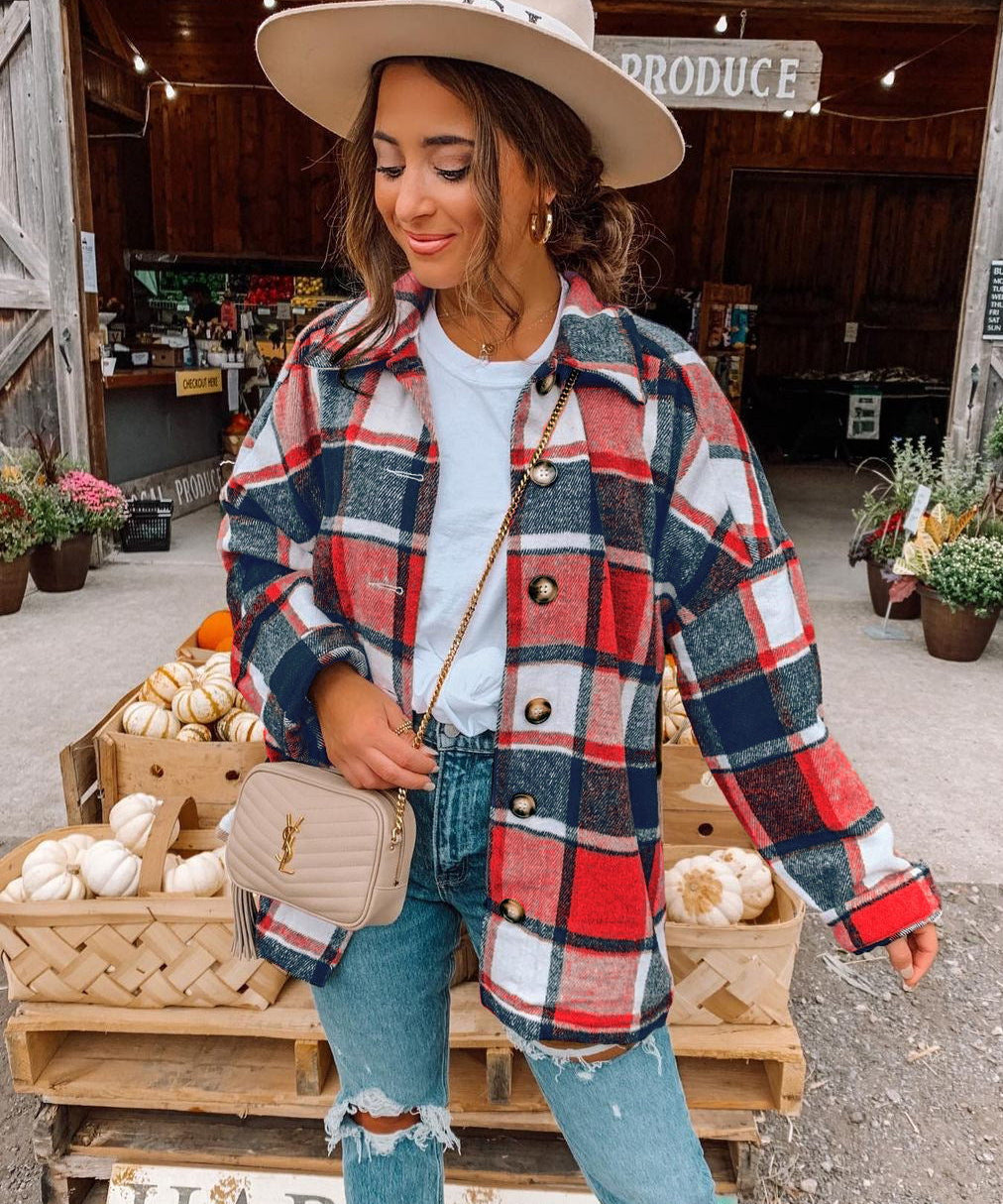 Women's Retro Plaid Wool Blend Overshirt Shacket