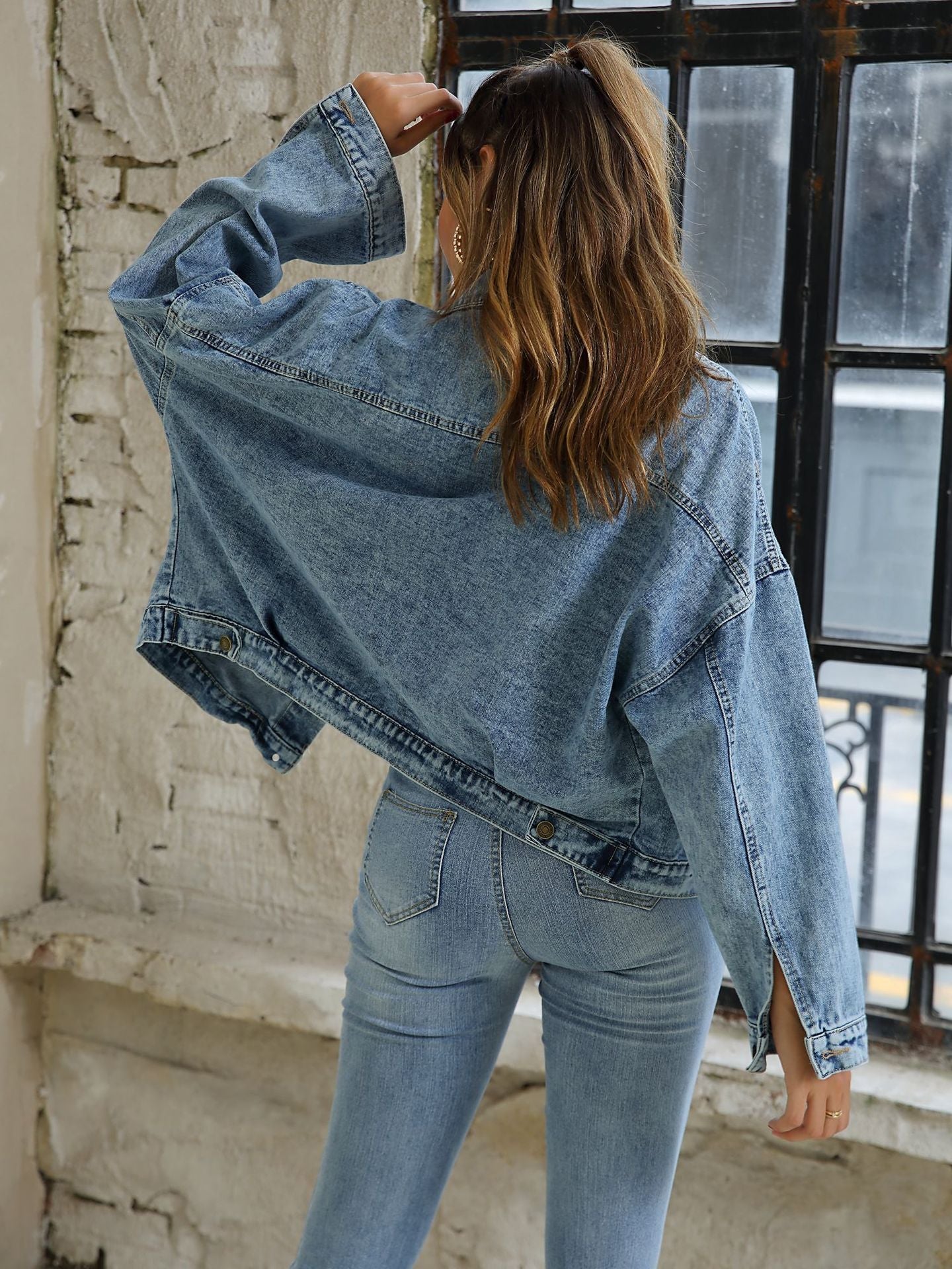 Retro Collared Neck Dropped Shoulder Denim Jacket