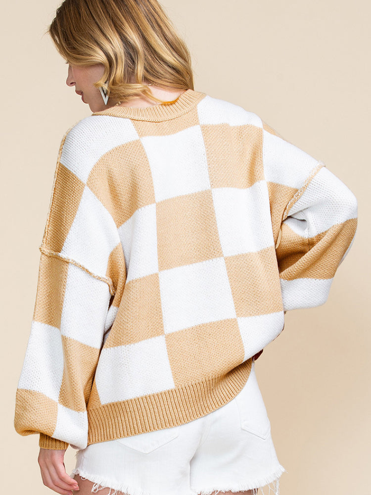 Chic Plaid Exposed Seam Bishop Sleeve Knit Sweater