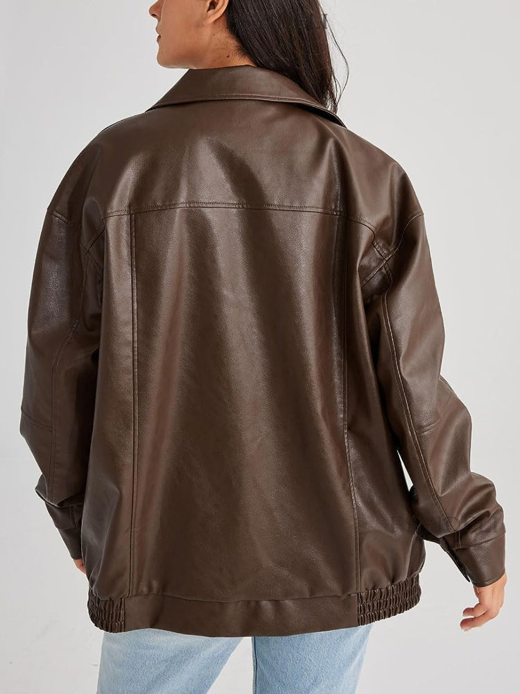 Women's Loose Zip Up Faux Leather Bomber Jacket