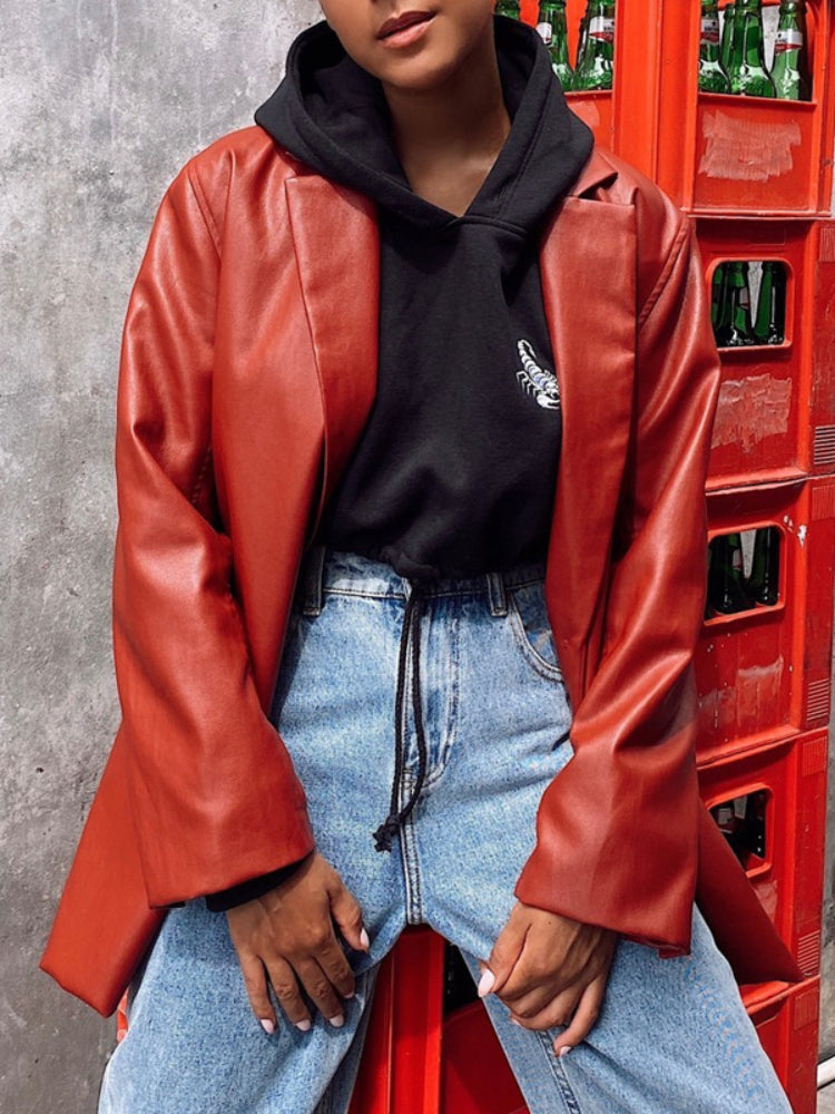 Women's Loose Faux Leather Bomber Jacket
