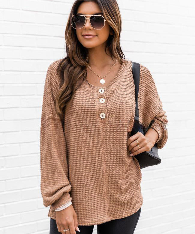 Ladies Waffle Knit Henley Pullover