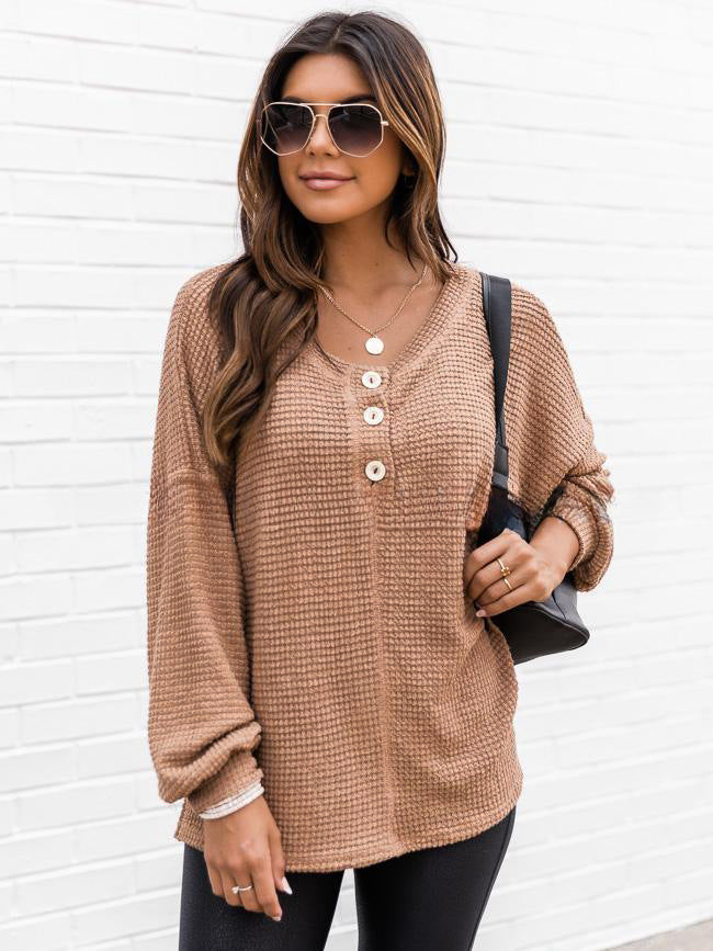 Ladies Waffle Knit Henley Pullover