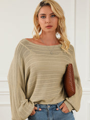 Openwork Boat Neck Puff Sleeve Sweater