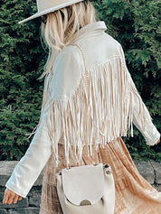Women's Leather Sueded Elegant Collared Tassel Jacket