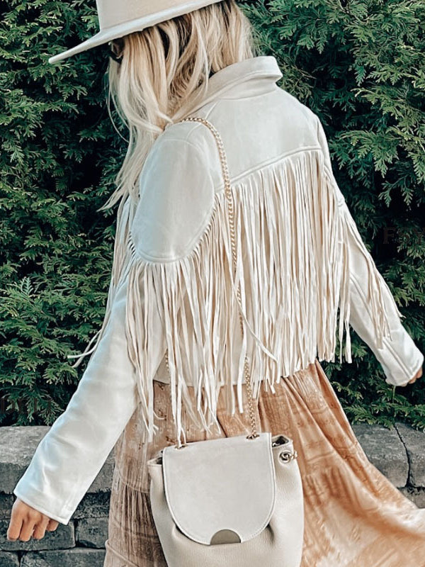 Women's Leather Sueded Elegant Collared Tassel Jacket