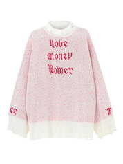 Women's Letter Jacquard Tattered Design Baggy Sweater