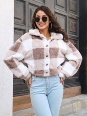 Women's Plaid Fuzzy Button Down Cropped Jacket