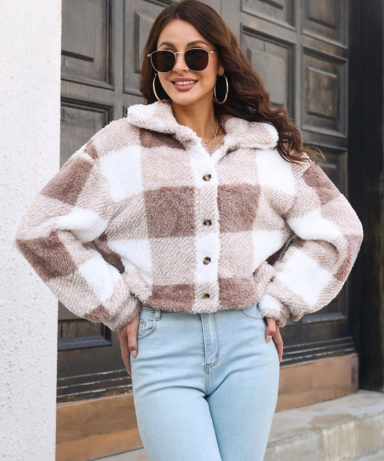 Women's Plaid Fuzzy Button Down Cropped Jacket