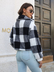 Women's Plaid Fuzzy Button Down Cropped Jacket