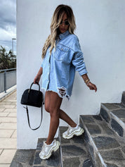 Distressed Raw Hem Collared Neck Long Sleeve Denim Jacket
