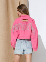 Women's Shiny Rhinestone Fringe Denim Cropped Jacket