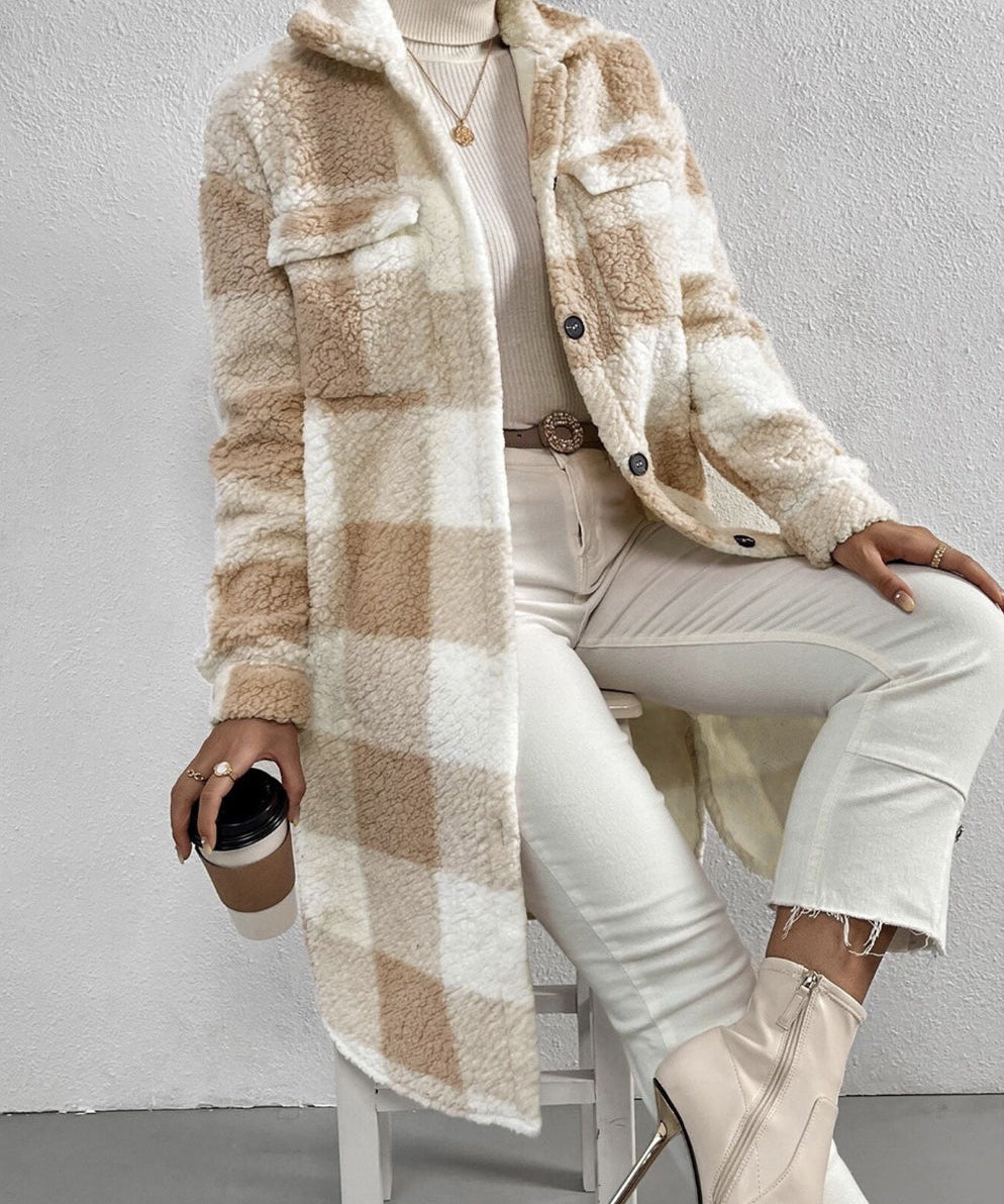 Women's Casual Lapel Plaid Outwear Warm Jacket