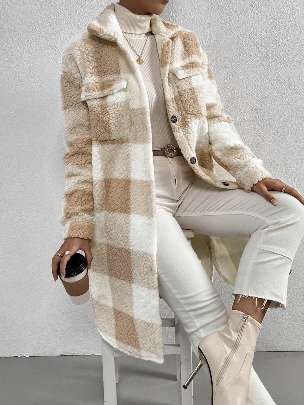Women's Casual Lapel Plaid Outwear Warm Jacket