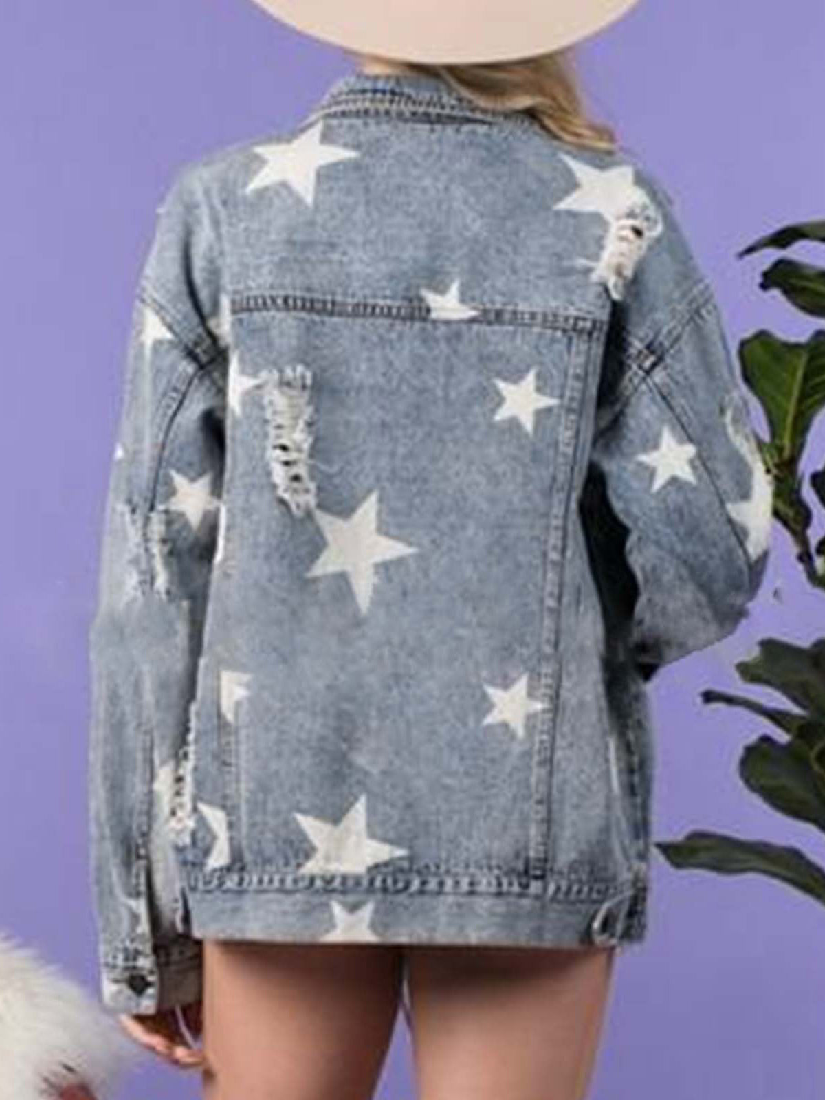 Distressed Blue Western Cowgirl Star Print Denim Jacket