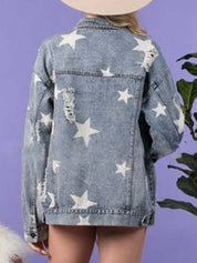 Distressed Blue Western Cowgirl Star Print Denim Jacket